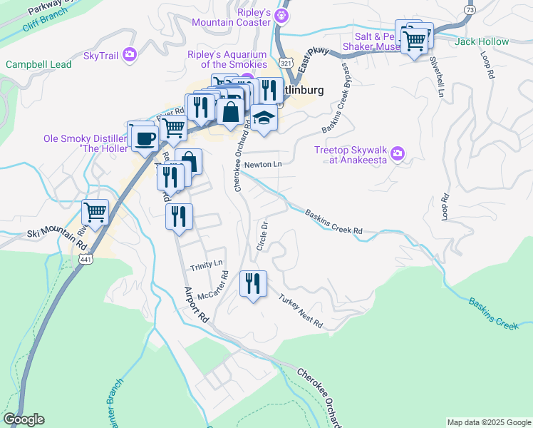 map of restaurants, bars, coffee shops, grocery stores, and more near 309 Hughes Road in Gatlinburg