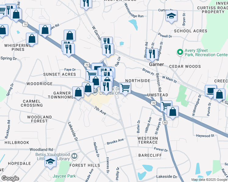 map of restaurants, bars, coffee shops, grocery stores, and more near 102 Village Court in Garner