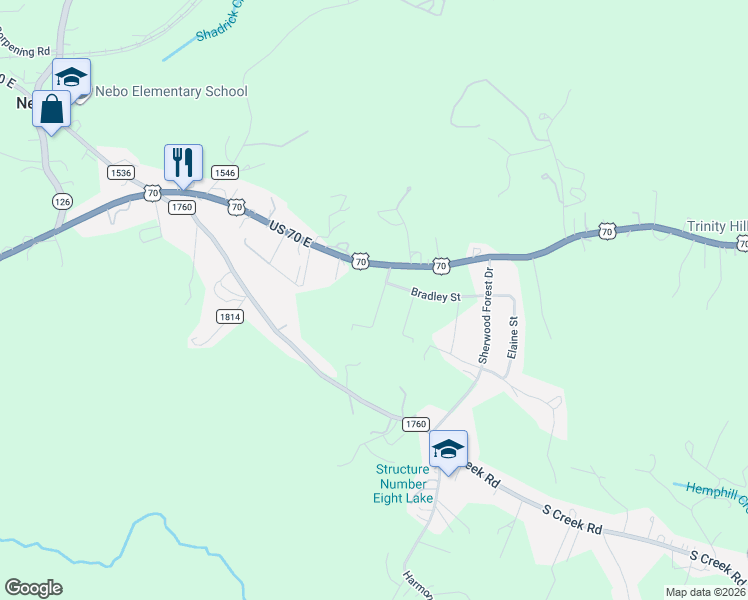 map of restaurants, bars, coffee shops, grocery stores, and more near 122 East Hunt Drive in Nebo