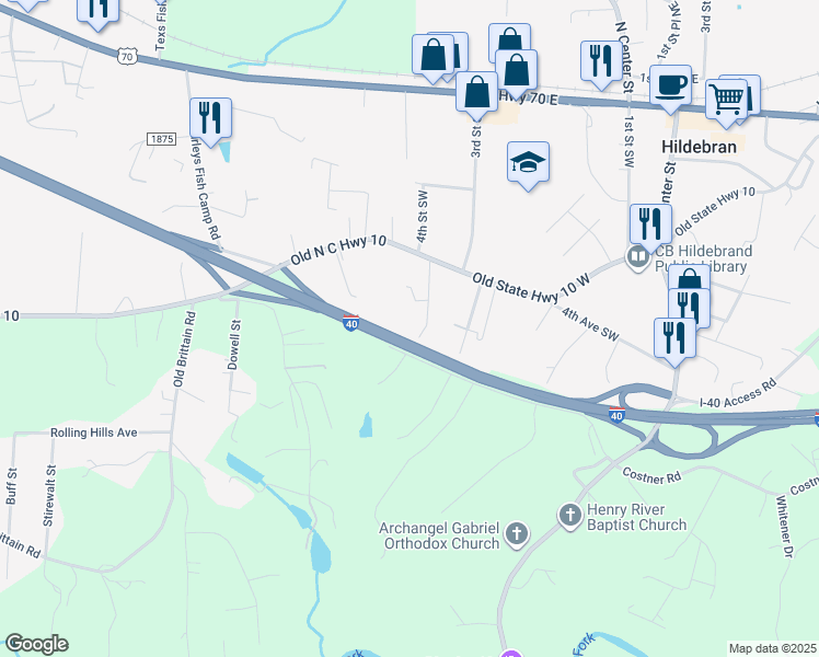 map of restaurants, bars, coffee shops, grocery stores, and more near 1864 Dietz Avenue in Hildebran