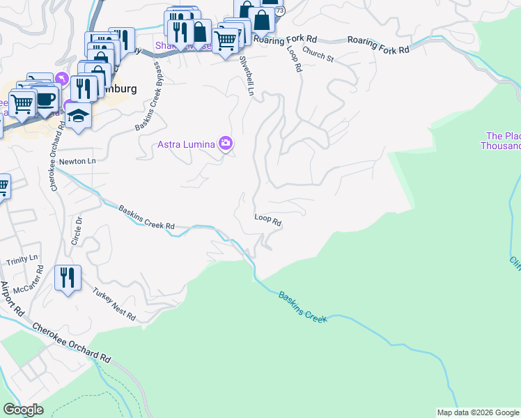 map of restaurants, bars, coffee shops, grocery stores, and more near 610 Loop Road in Gatlinburg