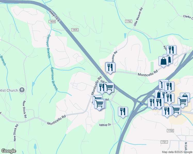 map of restaurants, bars, coffee shops, grocery stores, and more near 135 Monticello Road in Weaverville