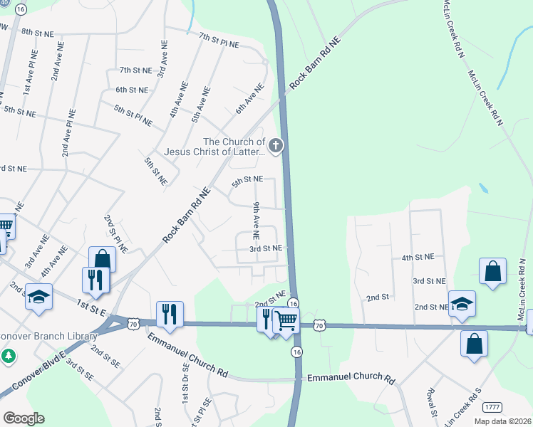map of restaurants, bars, coffee shops, grocery stores, and more near 812 3rd Street Place Northeast in Conover