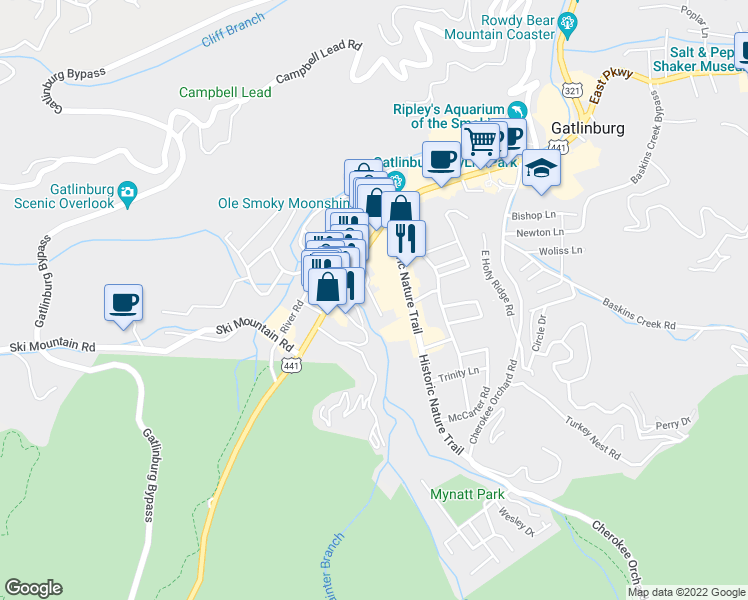 map of restaurants, bars, coffee shops, grocery stores, and more near 110 Bon Air Lane in Gatlinburg