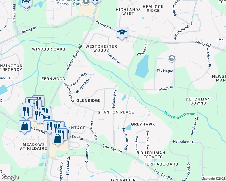 map of restaurants, bars, coffee shops, grocery stores, and more near 206 Felspar Way in Cary