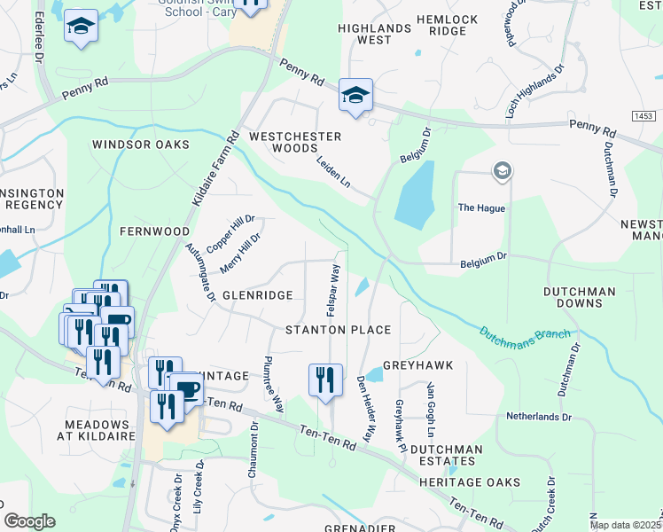 map of restaurants, bars, coffee shops, grocery stores, and more near 206 Felspar Way in Cary