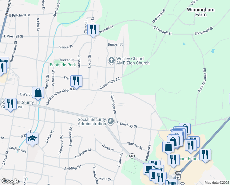 map of restaurants, bars, coffee shops, grocery stores, and more near in Randolph County