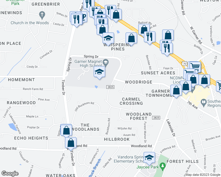 map of restaurants, bars, coffee shops, grocery stores, and more near 1860 Spring Drive in Garner