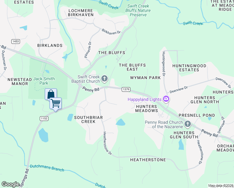 map of restaurants, bars, coffee shops, grocery stores, and more near 9201 Penny Road in Raleigh
