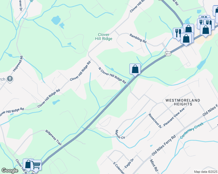 map of restaurants, bars, coffee shops, grocery stores, and more near 127 North Clover Hill Ridge Road in Maryville