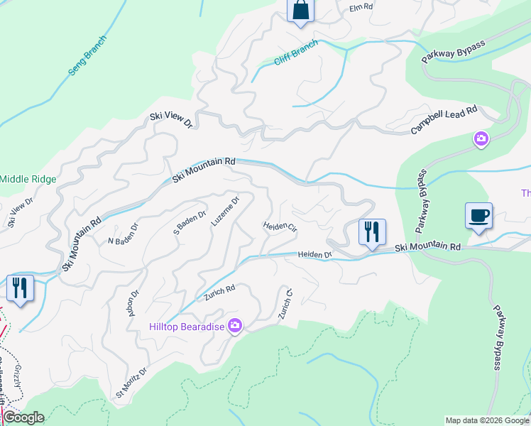 map of restaurants, bars, coffee shops, grocery stores, and more near 932 Stans Road in Gatlinburg