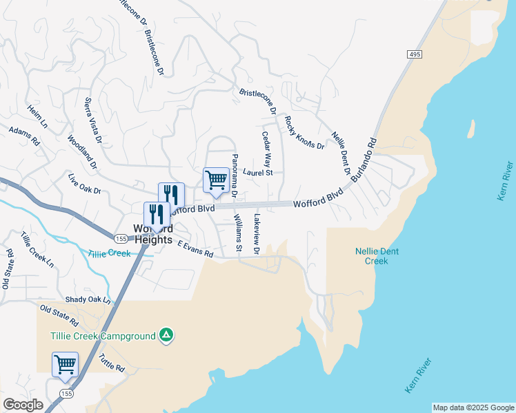 map of restaurants, bars, coffee shops, grocery stores, and more near 0 Lakeview Drive in Wofford Heights