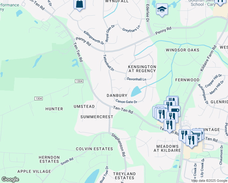 map of restaurants, bars, coffee shops, grocery stores, and more near 303 Canon Gate Drive in Cary