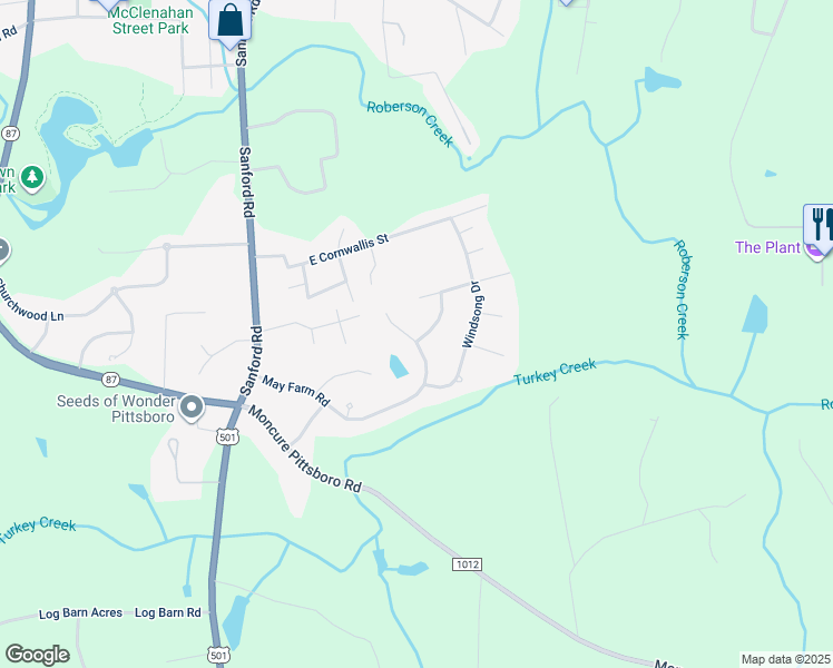 map of restaurants, bars, coffee shops, grocery stores, and more near 480 May Farm Road in Pittsboro