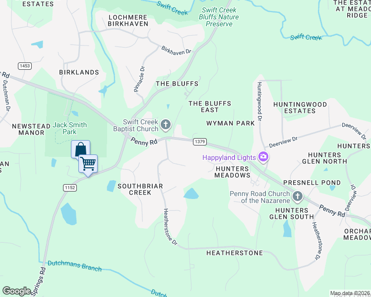 map of restaurants, bars, coffee shops, grocery stores, and more near 9201 Penny Road in Raleigh