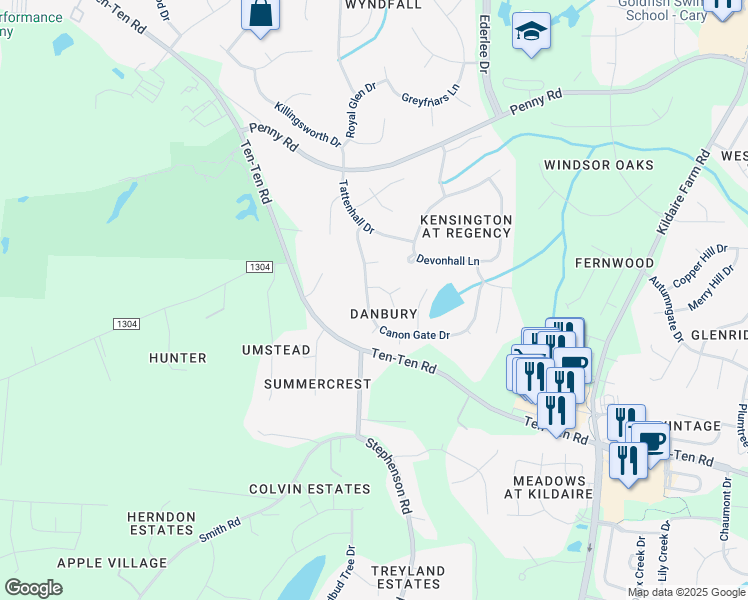 map of restaurants, bars, coffee shops, grocery stores, and more near 303 Canon Gate Drive in Cary