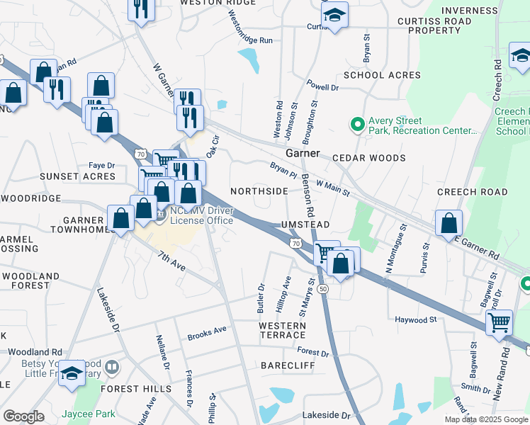 map of restaurants, bars, coffee shops, grocery stores, and more near 258 Dullis Circle in Garner