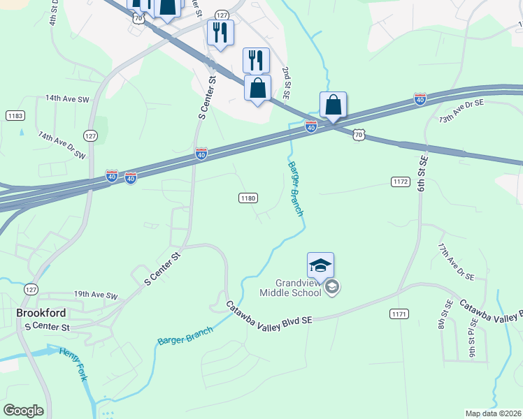 map of restaurants, bars, coffee shops, grocery stores, and more near 355 14th Avenue Southeast in Hickory