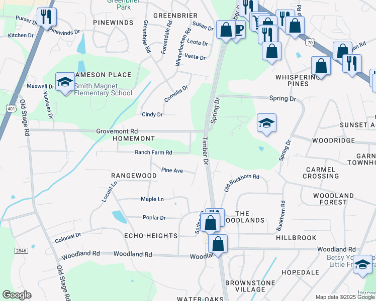 map of restaurants, bars, coffee shops, grocery stores, and more near 5118 Old Valley Street in Raleigh