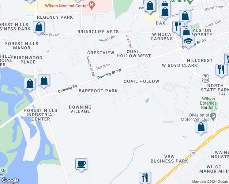 map of restaurants, bars, coffee shops, grocery stores, and more near 2137 Cockran Street Southwest in Wilson