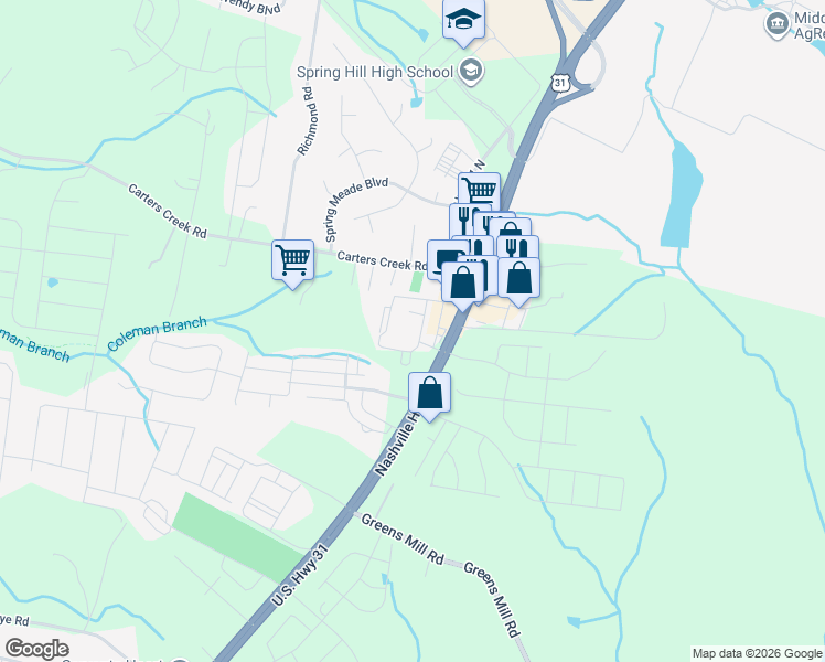 map of restaurants, bars, coffee shops, grocery stores, and more near 2513 Nashville Highway in Columbia
