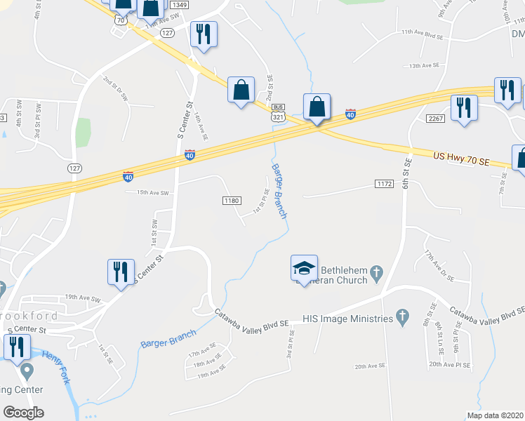 map of restaurants, bars, coffee shops, grocery stores, and more near 1543 1st Street Place Southeast in Hickory