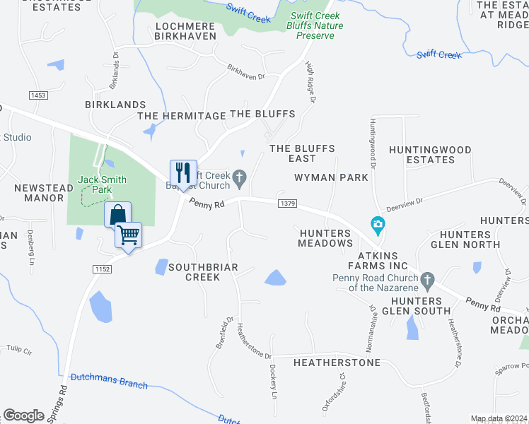map of restaurants, bars, coffee shops, grocery stores, and more near 9201 Penny Road in Raleigh