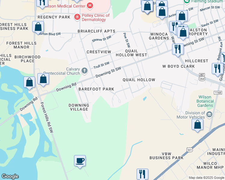 map of restaurants, bars, coffee shops, grocery stores, and more near 2124 Smallwood Street Southwest in Wilson