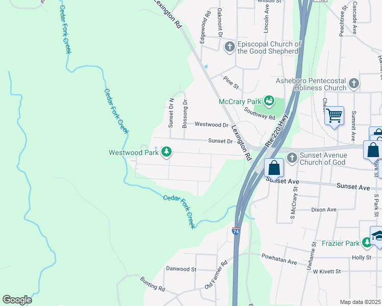 map of restaurants, bars, coffee shops, grocery stores, and more near 1419 Sunset Drive in Asheboro