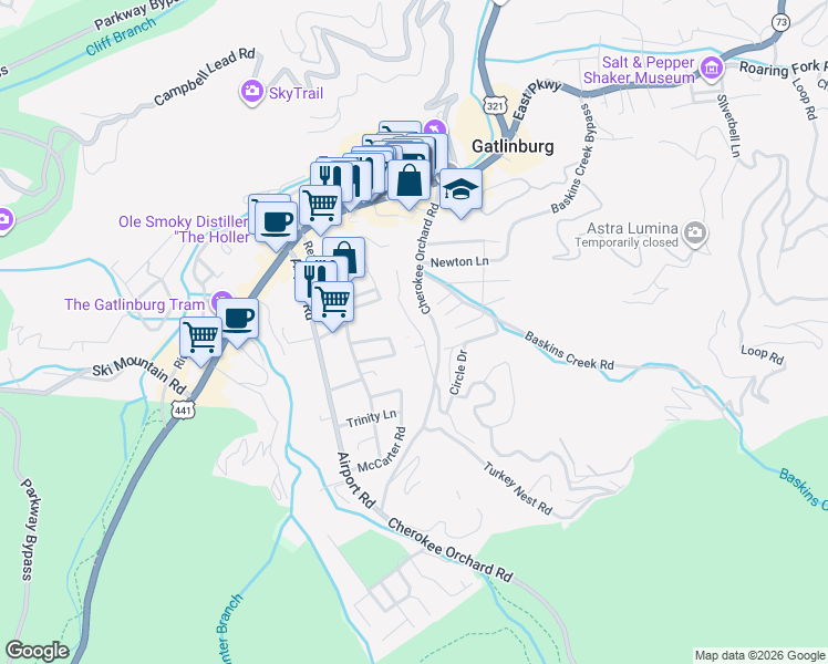 map of restaurants, bars, coffee shops, grocery stores, and more near 335 East Holly Ridge Road in Gatlinburg
