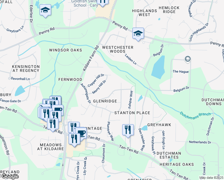 map of restaurants, bars, coffee shops, grocery stores, and more near 125 Felspar Way in Cary