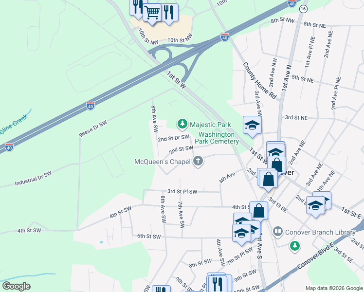 map of restaurants, bars, coffee shops, grocery stores, and more near 645 2nd Street Drive Southwest in Conover