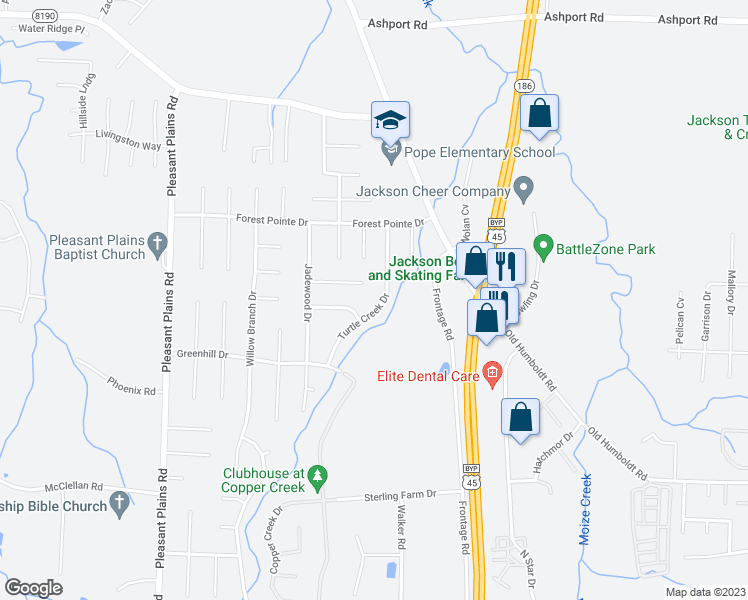 map of restaurants, bars, coffee shops, grocery stores, and more near 125 Turtle Creek Drive in Jackson