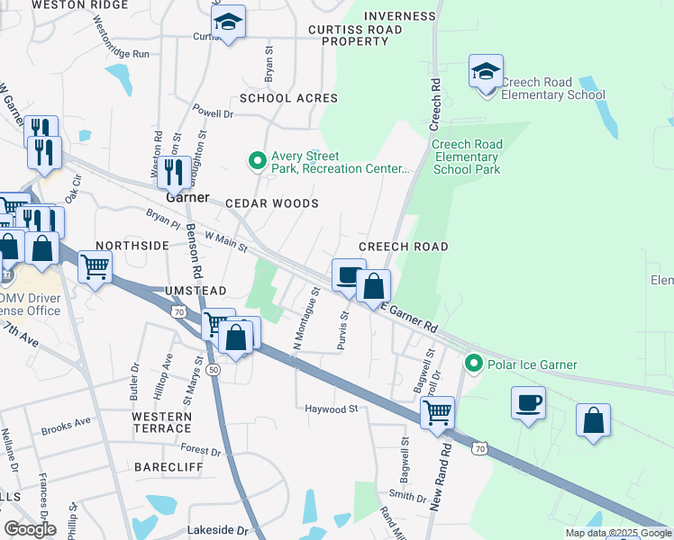 map of restaurants, bars, coffee shops, grocery stores, and more near 102 Harper Street in Garner