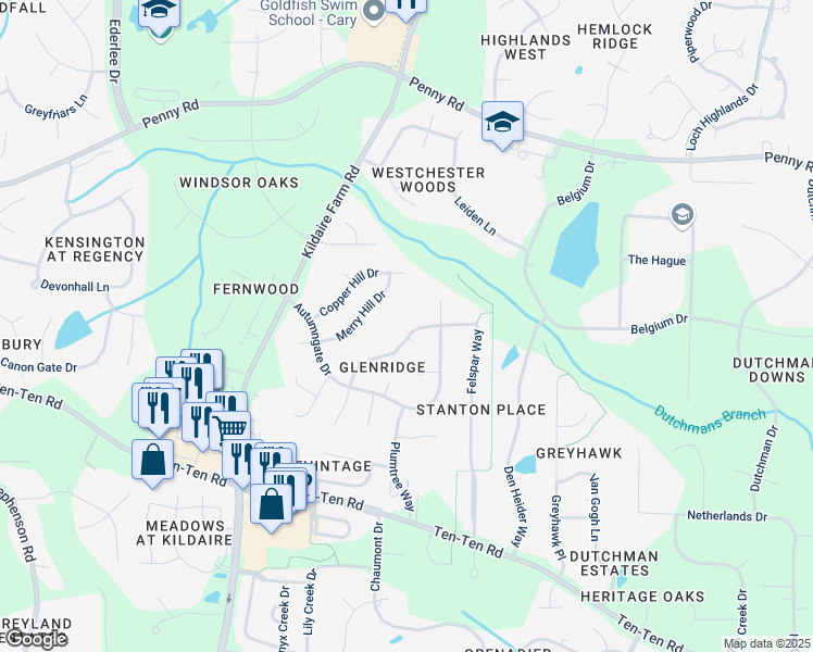 map of restaurants, bars, coffee shops, grocery stores, and more near 125 Felspar Way in Cary