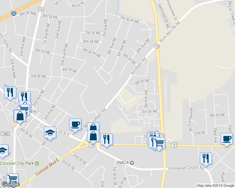 map of restaurants, bars, coffee shops, grocery stores, and more near 425 Rock Barn Road Northeast in Conover