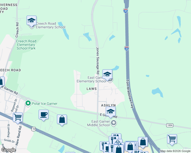 map of restaurants, bars, coffee shops, grocery stores, and more near 5540 Jones Sausage Road in Garner