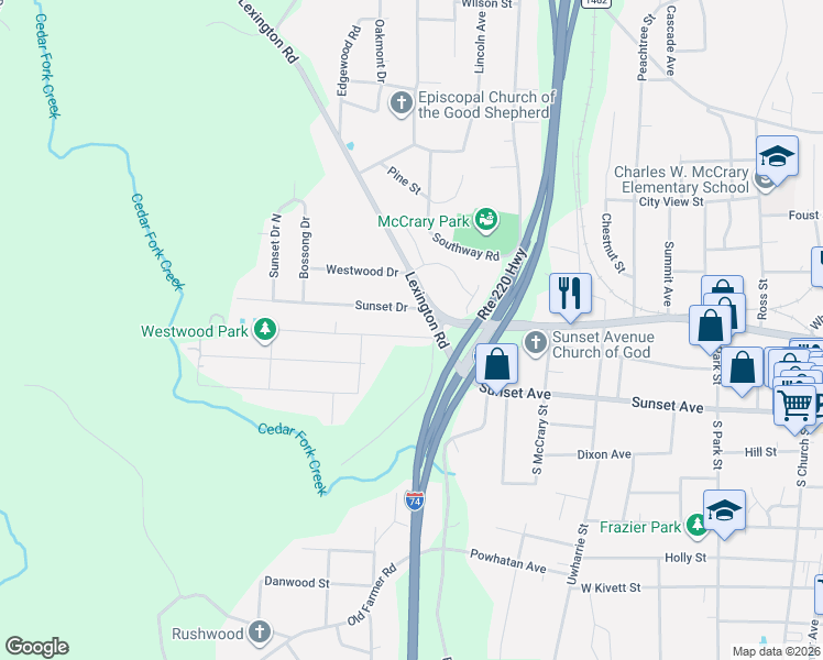 map of restaurants, bars, coffee shops, grocery stores, and more near 1231 Sunset Drive in Asheboro