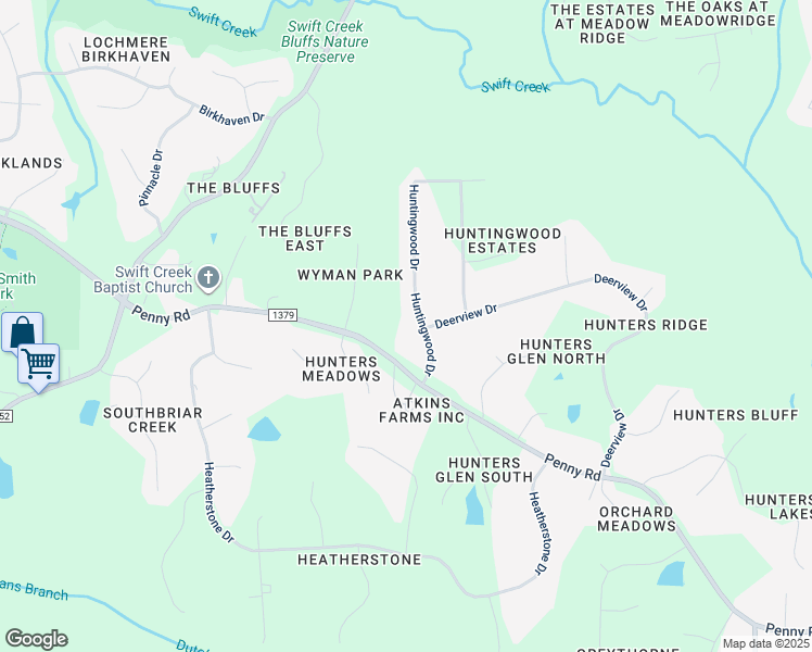 map of restaurants, bars, coffee shops, grocery stores, and more near 5424 Huntingwood Drive in Raleigh