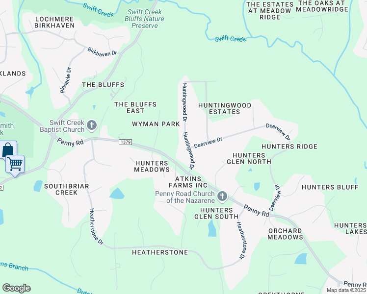 map of restaurants, bars, coffee shops, grocery stores, and more near 5424 Huntingwood Drive in Raleigh
