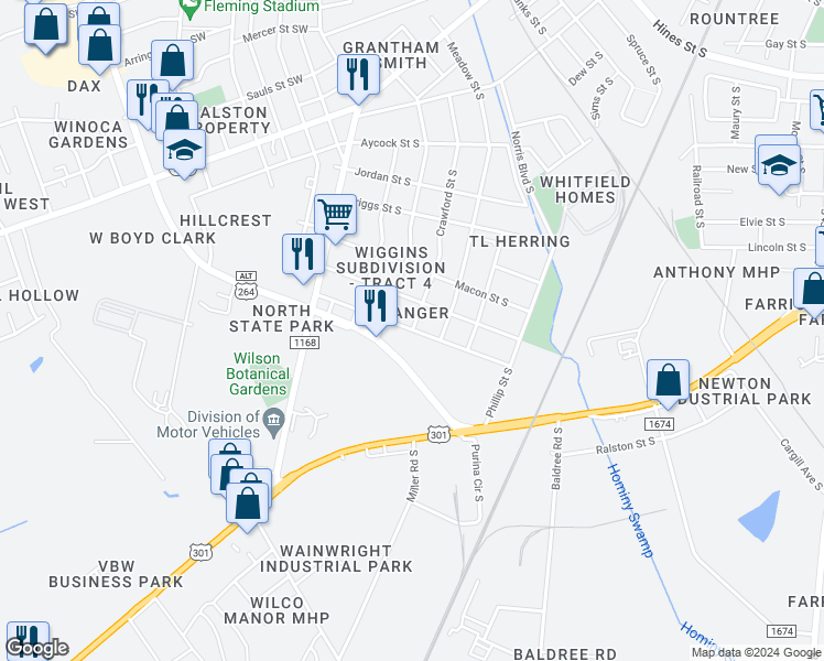 map of restaurants, bars, coffee shops, grocery stores, and more near Granger Street South in Wilson