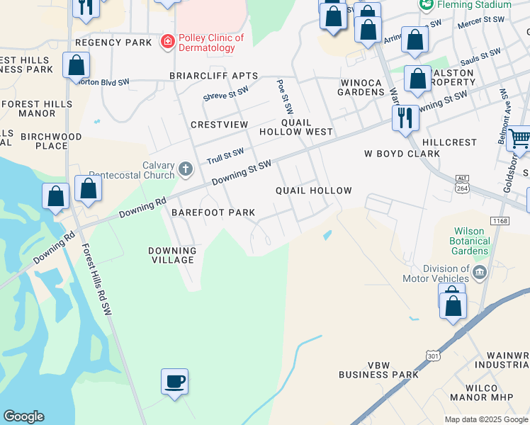 map of restaurants, bars, coffee shops, grocery stores, and more near 2200 Candlewood Drive Southwest in Wilson