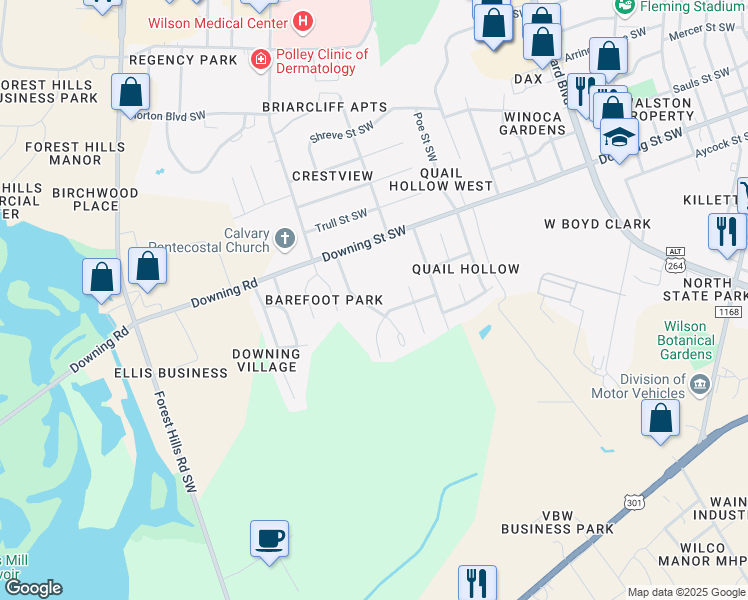 map of restaurants, bars, coffee shops, grocery stores, and more near 2124 Smallwood Street Southwest in Wilson