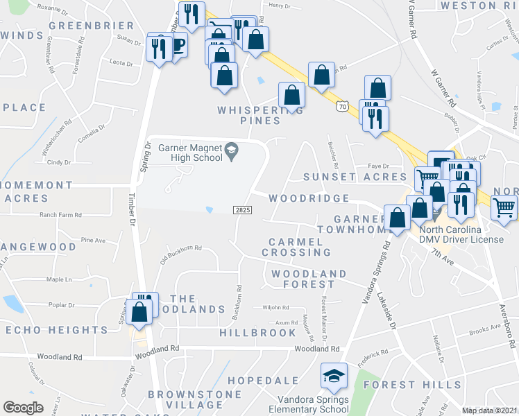map of restaurants, bars, coffee shops, grocery stores, and more near 1204 Springview Trail in Garner
