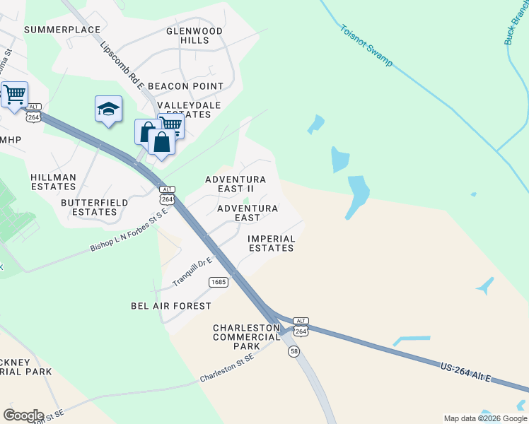 map of restaurants, bars, coffee shops, grocery stores, and more near 2507 Fitch Drive East in Wilson