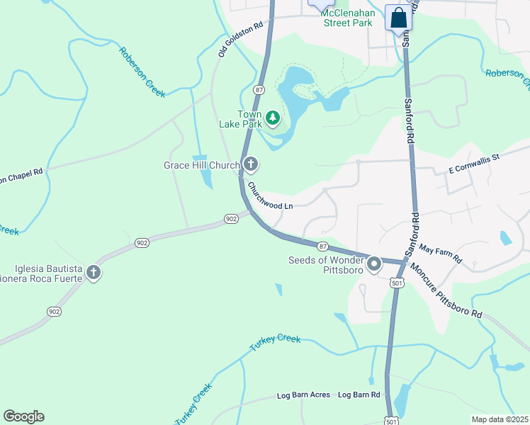 map of restaurants, bars, coffee shops, grocery stores, and more near 114 Churchwood Lane in Pittsboro