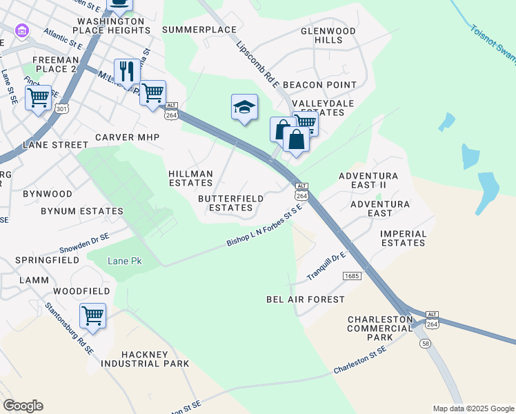 map of restaurants, bars, coffee shops, grocery stores, and more near 2107 Sandy Creek Drive Southeast in Wilson