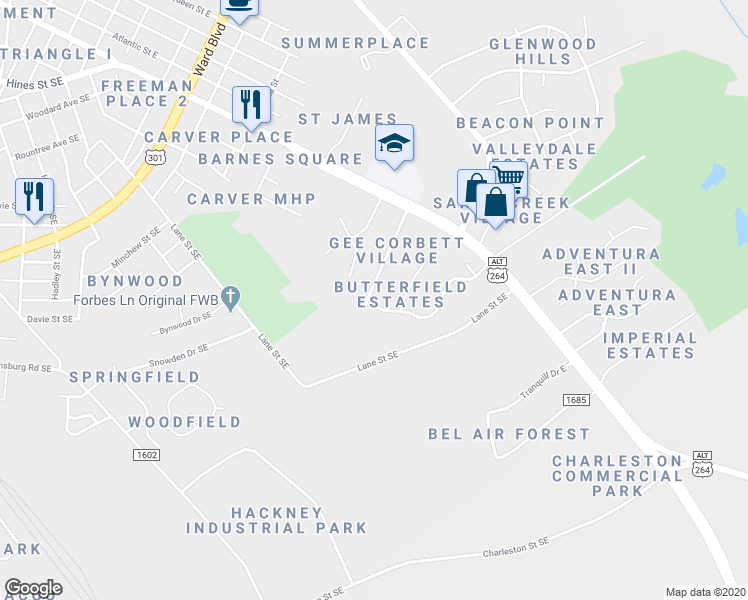 map of restaurants, bars, coffee shops, grocery stores, and more near 1901 Sandy Creek Drive Southeast in Wilson