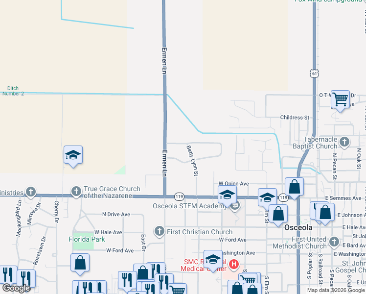 map of restaurants, bars, coffee shops, grocery stores, and more near 818 Betty Lynn Street in Osceola