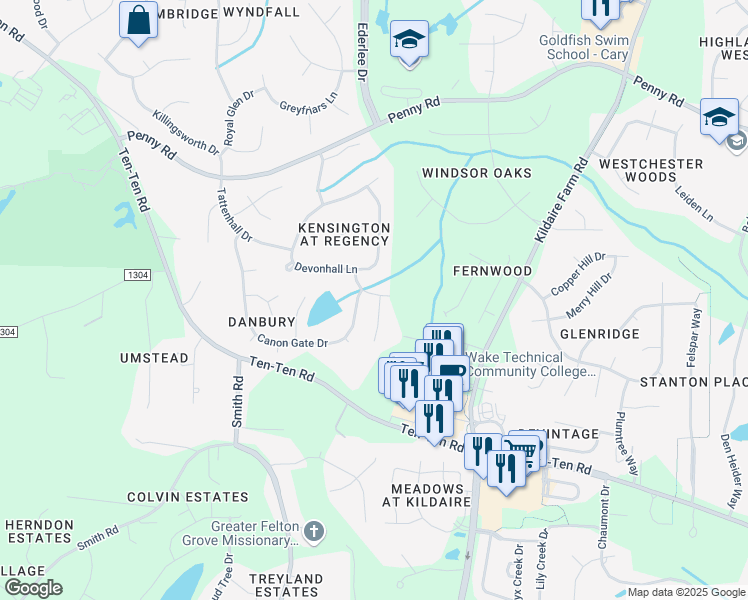 map of restaurants, bars, coffee shops, grocery stores, and more near 100 Darby Gale Drive in Cary